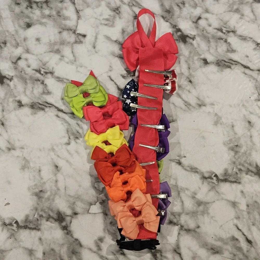 24 Girls Hair Bows Lot Solid Colors Patriotic Alligator Clips Pink Ribbon Hanger